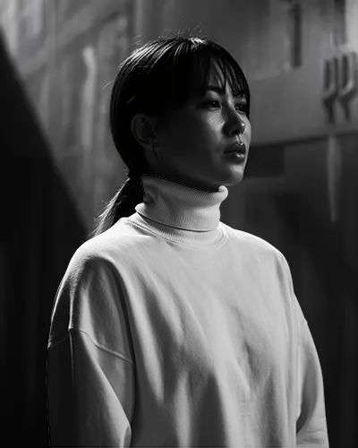 Turtleneck Sweatshirt Mockup Woman Profile In Black And White Urban Light With Minimal Mood