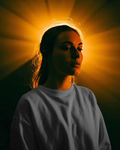 Sweatshirt Mockup Woman Portrait With Golden Halo Backlight And Dramatic Cinematic Mood