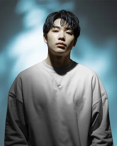 Sweatshirt Mockup Male Portrait With Soft Blue Backlight And Minimal Modern Studio Style