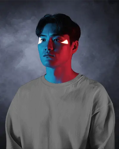 Sweatshirt Mockup Male Portrait With Dual Tone Red And Blue Lighting In Cinematic Studio Scene