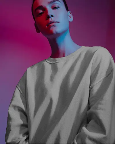 Sweatshirt Mockup Low Angle Female Portrait With Magenta And Blue Neon Light Editorial Style