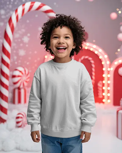 Christmas Sweatshirt Mockup Smiling Child In Festive Candy Land Scene With Holiday Lights