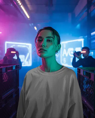 Sweatshirt Mockup Female Model In Neon Industrial Set With Cyberpunk Lighting And Futuristic Mood