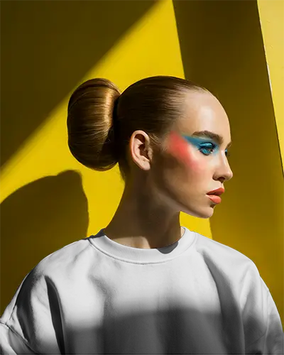 Sleek Modern Fashion Woman Wearing Minimalist Stylish Sweatshirt Mockup On Yellow Background