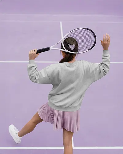Sweatshirt Mockup Back View Female Tennis Player On Purple Court In Dynamic Action Pose