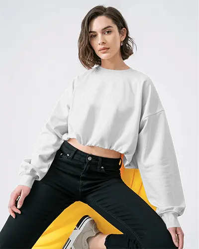Trendy Cropped Sweatshirt Mockup For Women With Long Baggy Sleeves And Round Neck Design