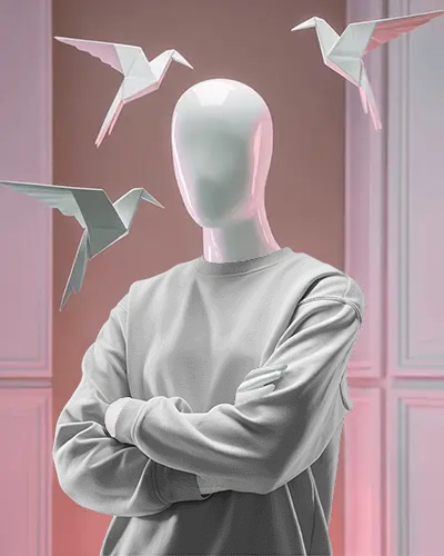 Conceptual Sweatshirt Mockup Mannequin Crossed Arms With Origami Birds Studio Scene
