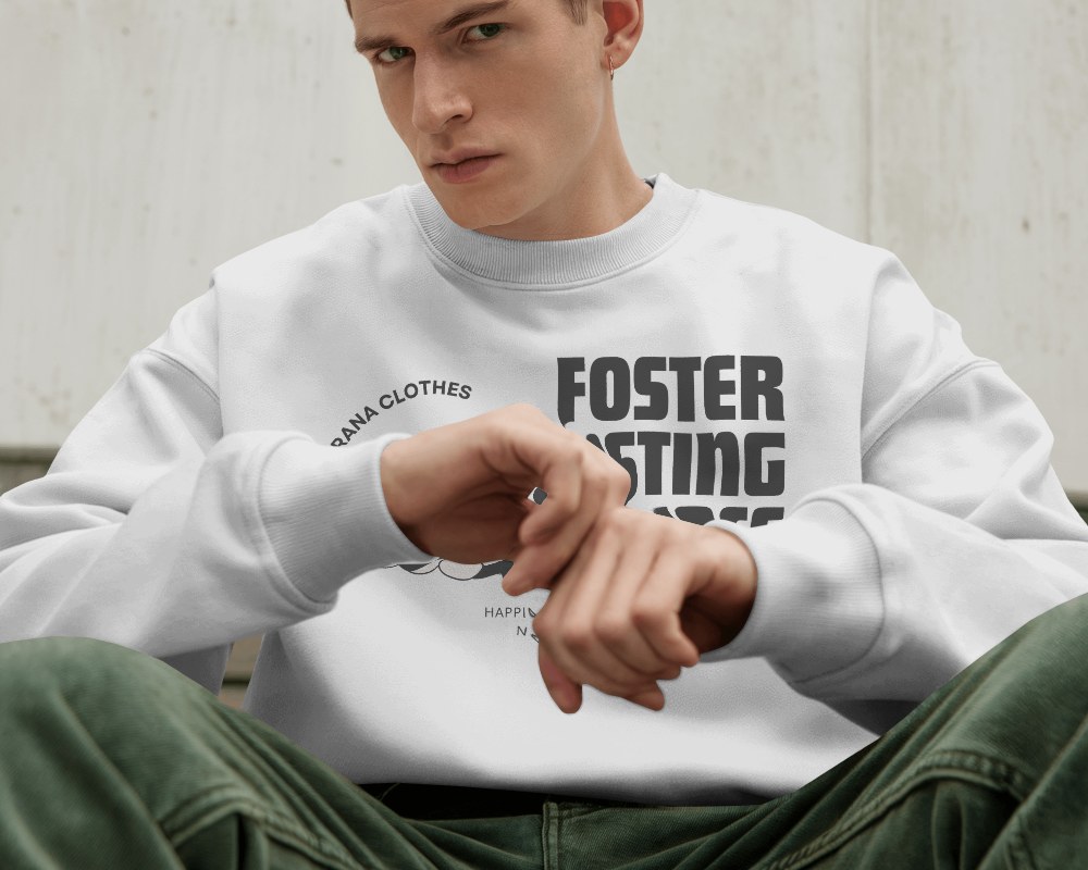 Casual Seated Sweatshirt Mockup With Focus On Sleeves