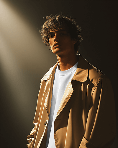 Studio Light Sweatshirt Mockup With Intense Spotlight Model In Trench Coat Dramatic Shadow Effects Perfect For Modern Style