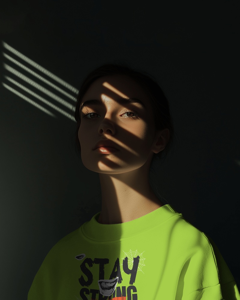 Shadow Lines Sweatshirt Mockup With Female Model In Dark Background Intense Lighting Creating Artistic Mysterious Vibe