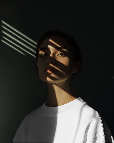 Shadow Lines Sweatshirt Mockup With Female Model In Dark Background Intense Lighting Creating Artistic Mysterious Vibe