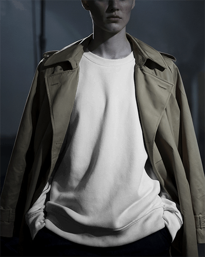 Moody Night Street Sweatshirt Mockup With Trench Coat Male Model Under Soft Lighting Setting Elegant And Stylish Contrast