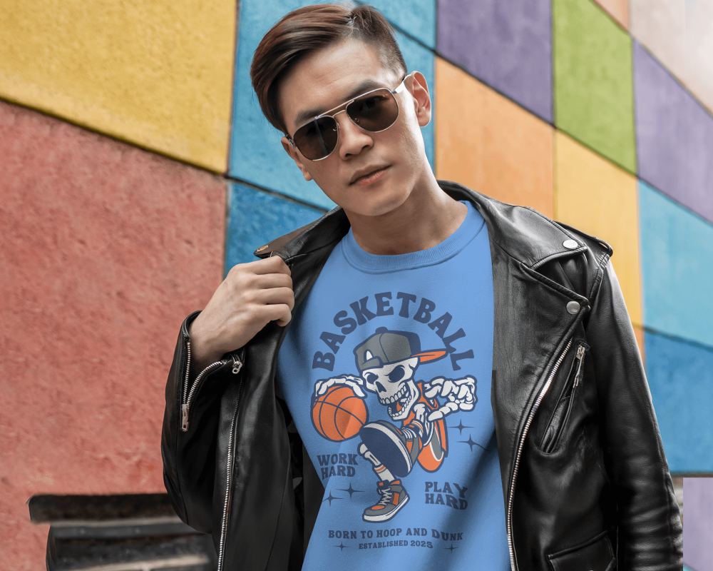 Urban Casual Sweatshirt Mockup Male Model In Black Leather Jacket With Sunglasses