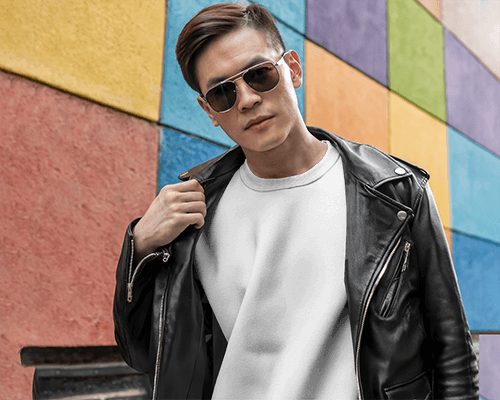 Urban Casual Sweatshirt Mockup Male Model In Black Leather Jacket With Sunglasses