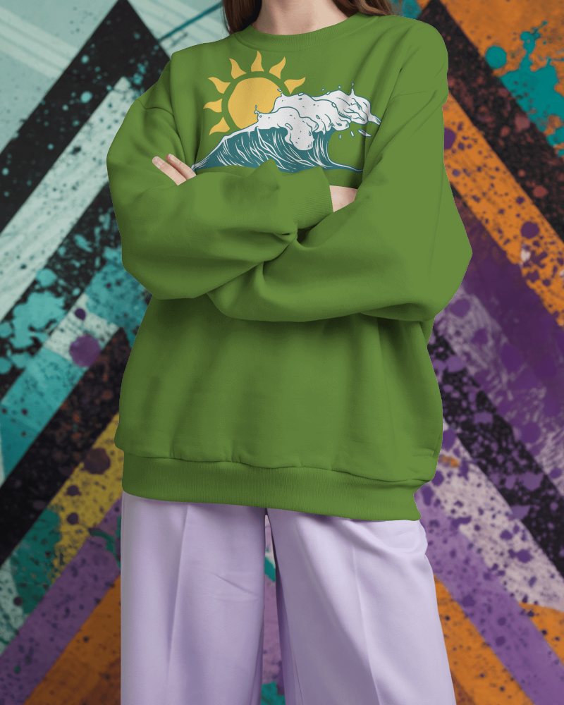 Vibrant Street Style Sweatshirt Mockup Female Model Crossing Arms Against Colorful Graffiti Wall