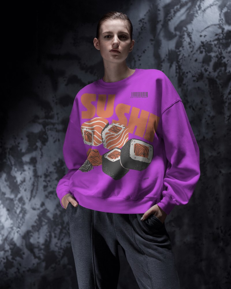 Moody Dark Sweatshirt Mockup Female Model With Casual Pose Against Industrial Background