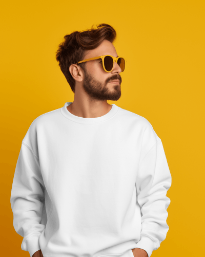 Sweatshirt Mockup Vibrant Yellow Backdrop Sunglasses Styled Look