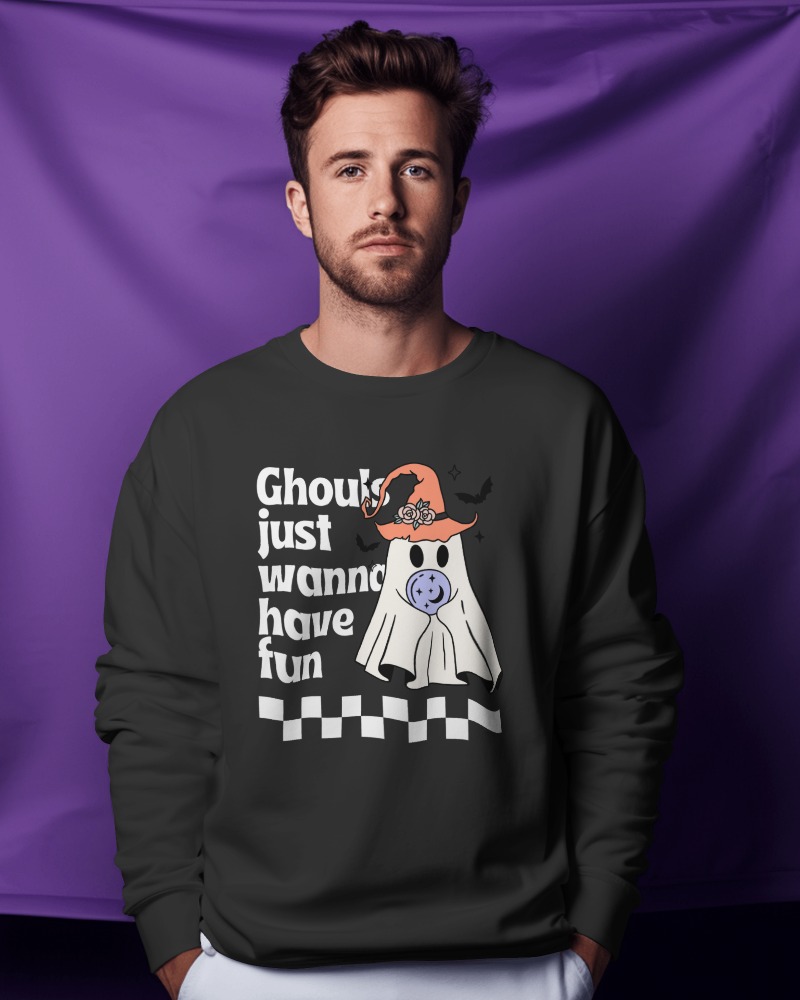Halloween Themed Sweatshirt Mockup In Black With Ghouls Just Wanna Have Fun Text