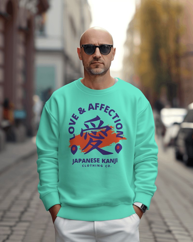 Japanese Kanji Sweatshirt Mockup In Turquoise With Love And Affection Theme