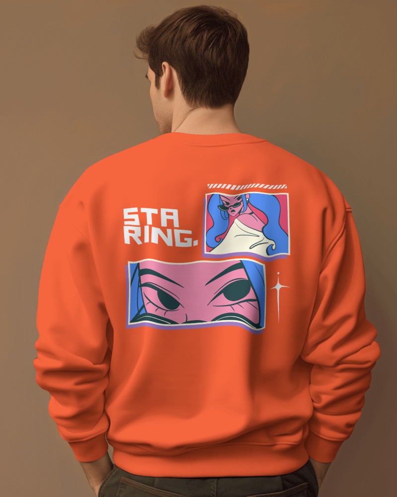 Vintage Cartoon Sweatshirt Mockup In Orange With Staring Text And Graphic