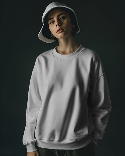 Model Wearing Sweatshirt Mockup In Dark Setting For A Photoshoot