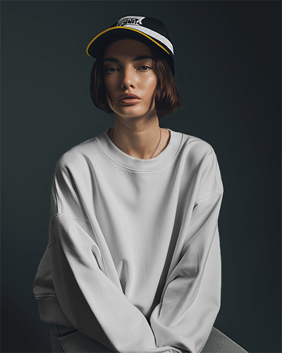 Woman With Short Hair Wearing Sweatshirt Mockup And Cap