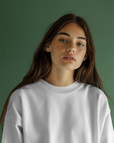 Sweatshirt Mockup On A Female Model With Green Studio Screen Scene2