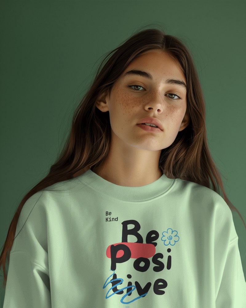Sweatshirt Mockup On A Female Model With Green Studio Screen Scene2