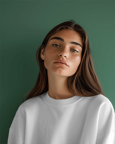 Sweatshirt Mockup On A Female Model With Green Studio Screen Scene3