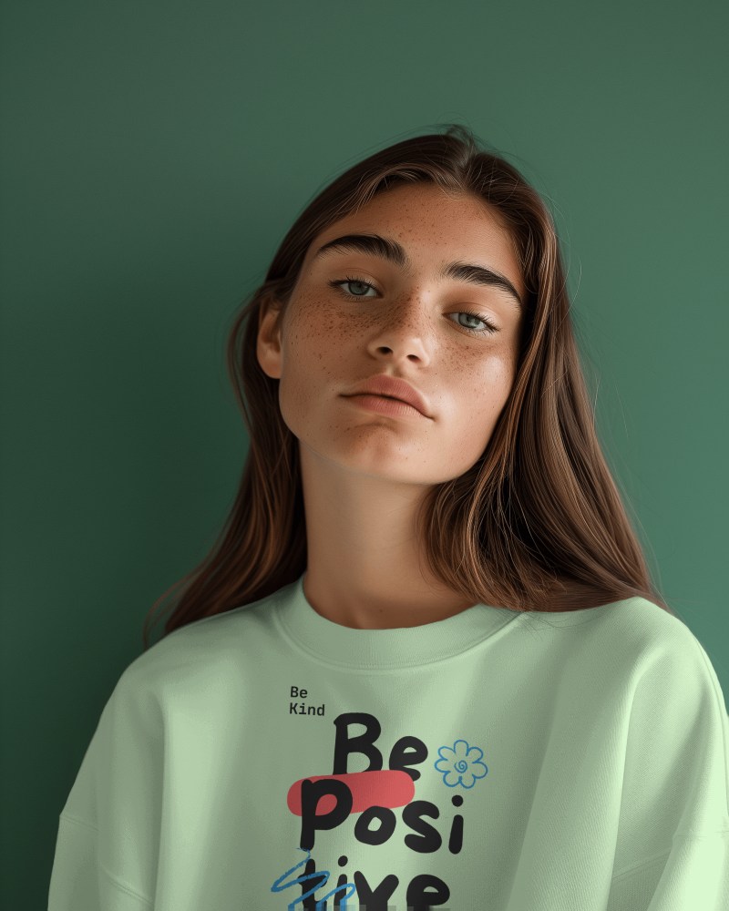 Sweatshirt Mockup On A Female Model With Green Studio Screen Scene3