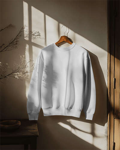 Hanging Sweatshirt Mockup In Sunlit Room With Soft Shadows
