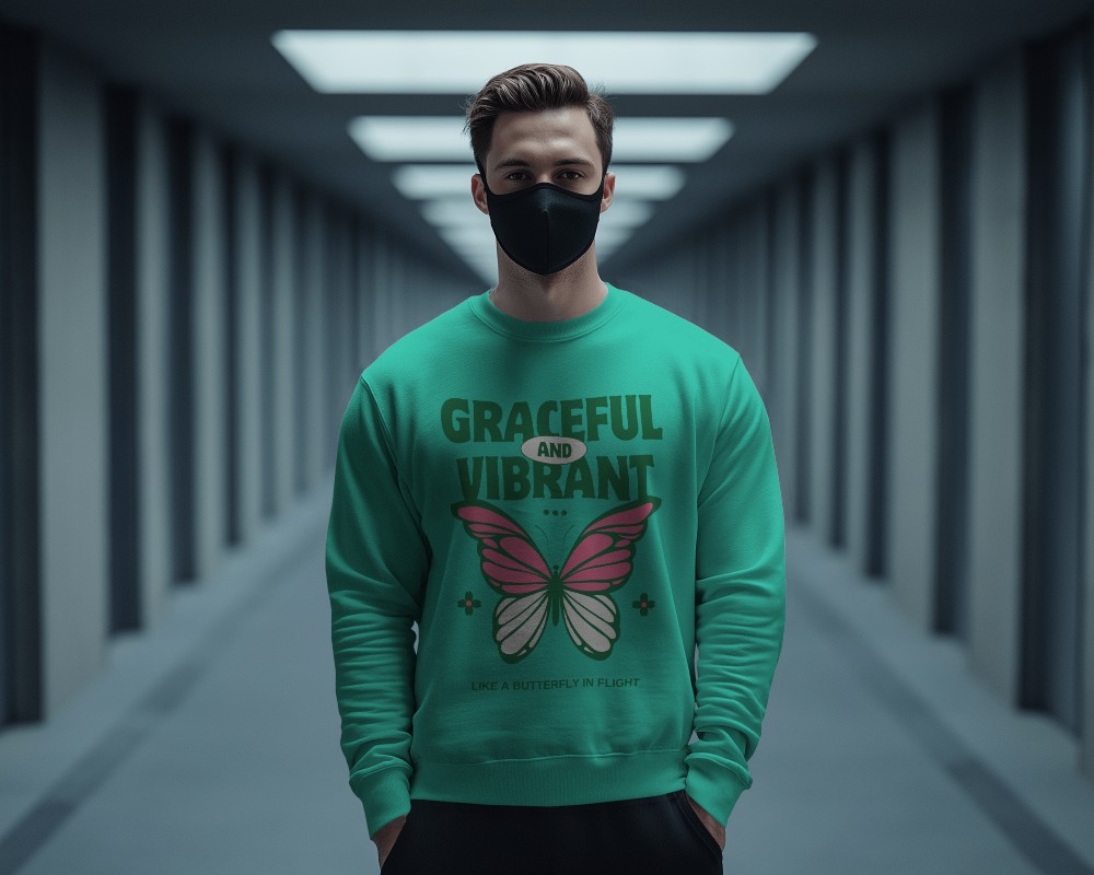 Male Model In Sweatshirt Mockup With Mask Standing In Symmetrical Corridor