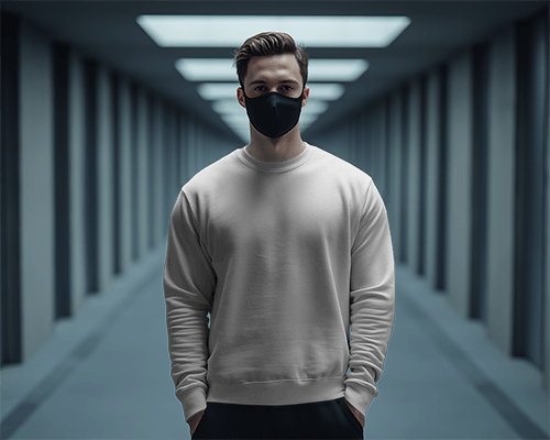 Male Model In Sweatshirt Mockup With Mask Standing In Symmetrical Corridor