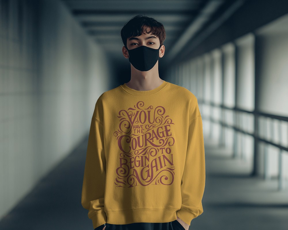Front View Sweatshirt Mockup With Masked Male Model In Modern Hallway Setting