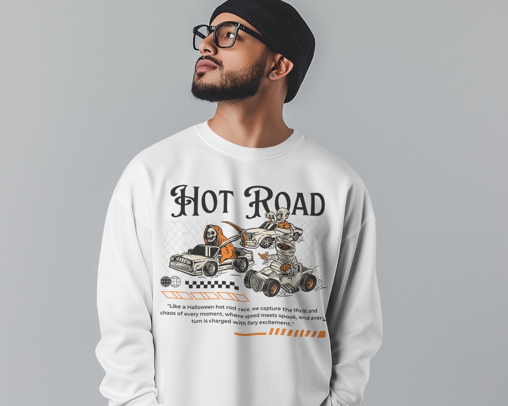 Front Facing Sweatshirt Mockup On Male Model Wearing Glasses Against Neutral Background