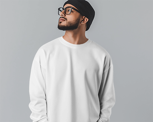 Front Facing Sweatshirt Mockup On Male Model Wearing Glasses Against Neutral Background