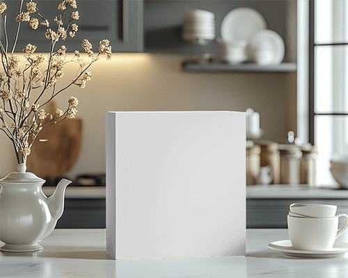 Cozy Kitchen Sweet Box Mockup Minimalist Design On White Box With Teapot Cups And Rustic Decor In Soft Natural Light 0127