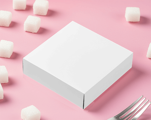 Pastel Sweet Themed Box Mockup White Packaging On Soft Pink Background Surrounded By Sugar Cubes And A Fork Elegant And Minimalistic Dessert Aesthetic 0151