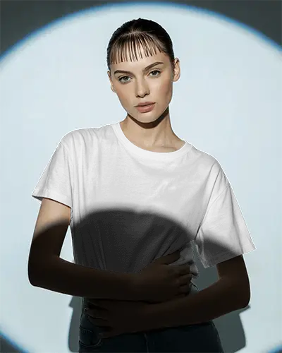 Moody Lighting T Shirt Mockup Young Woman In Artistic Shadow Circle Contrast Scene