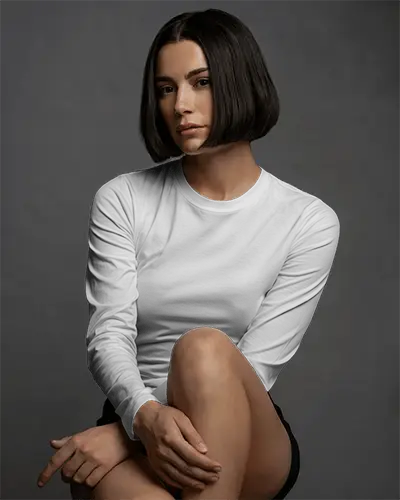 Minimalistic Long Sleeve T Shirt Mockup Elegant Woman With Bob Cut Posing In Neutral Light