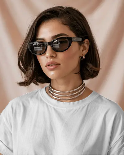 T Shirt Mockup Chic Brunette Female Model Wearing Sunglasses And Statement Necklace In Studio Lighting Front View