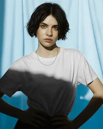 Moody Light Tshirt Mockup Short Haired Female Model In Shadow Play On Blue Curtain Background