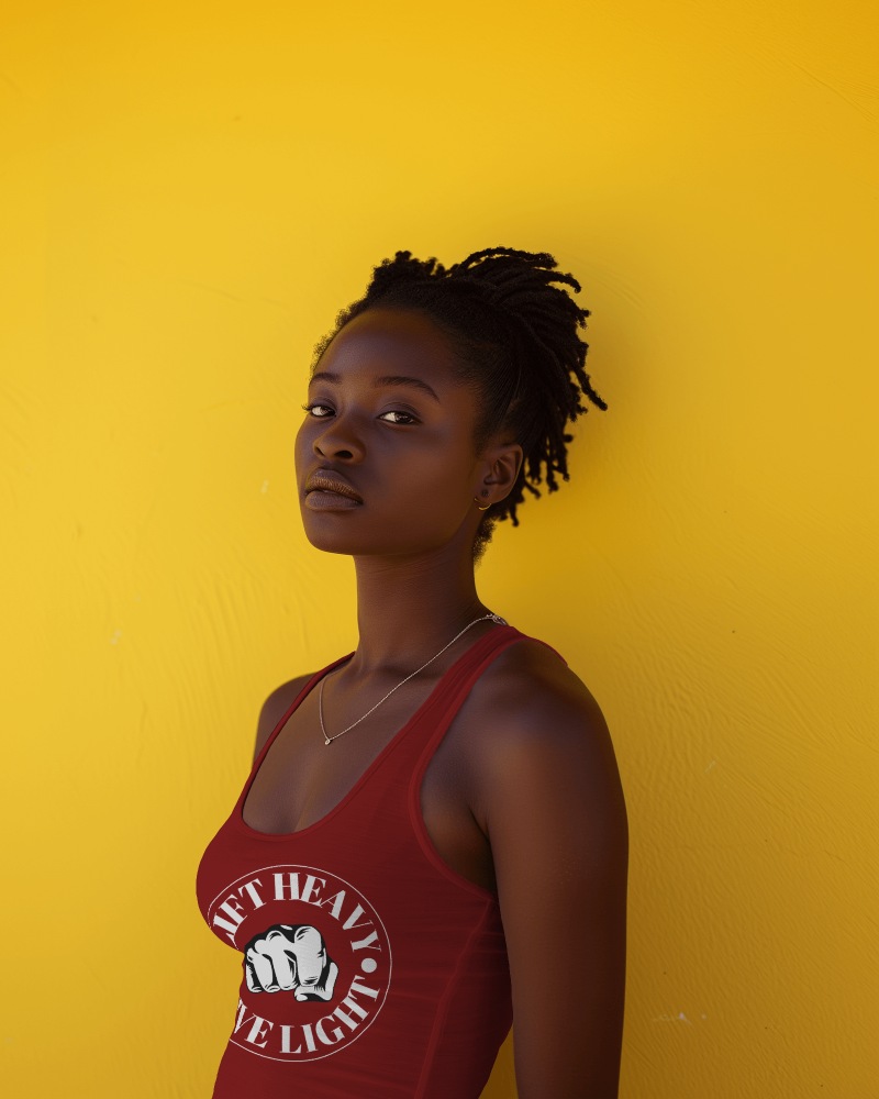 Black Woman Wearing Tanktop Mockup In Front Of Yellow Wall
