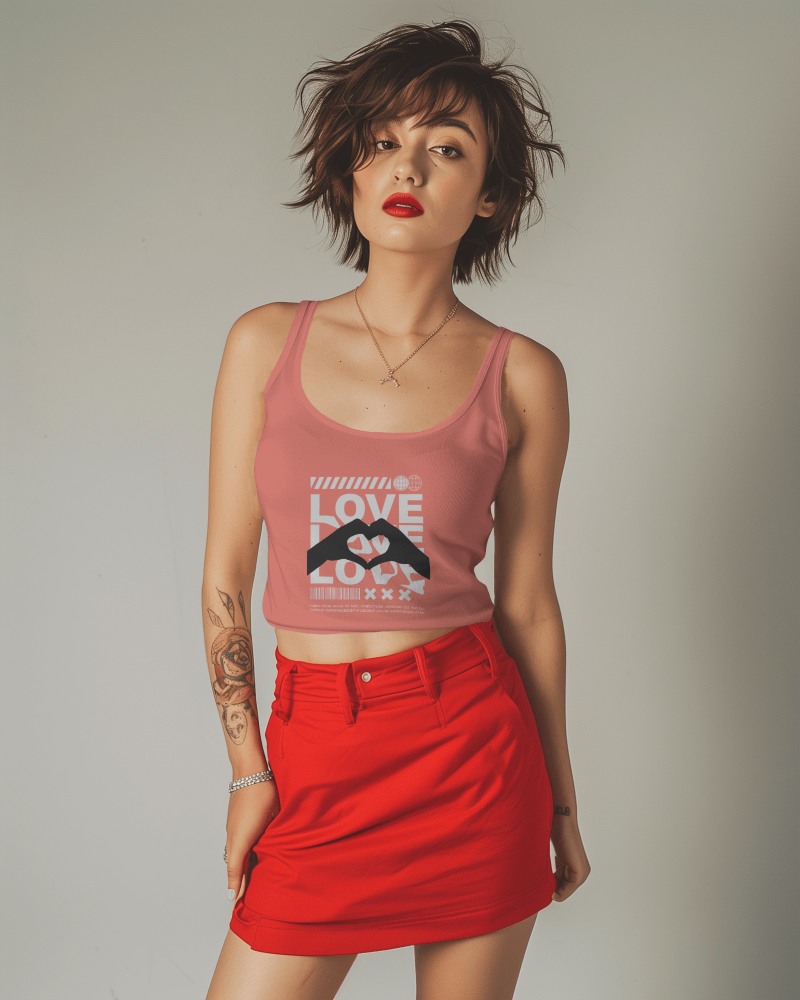 Woman In Skirt And Tanktop Mockup Posing In Studio
