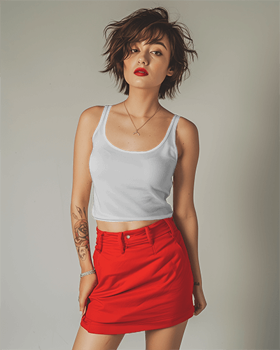 Woman In Skirt And Tanktop Mockup Posing In Studio