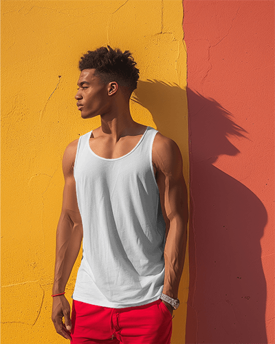 Man Wearing Tanktop Mockup In Front Of Colourful Wall