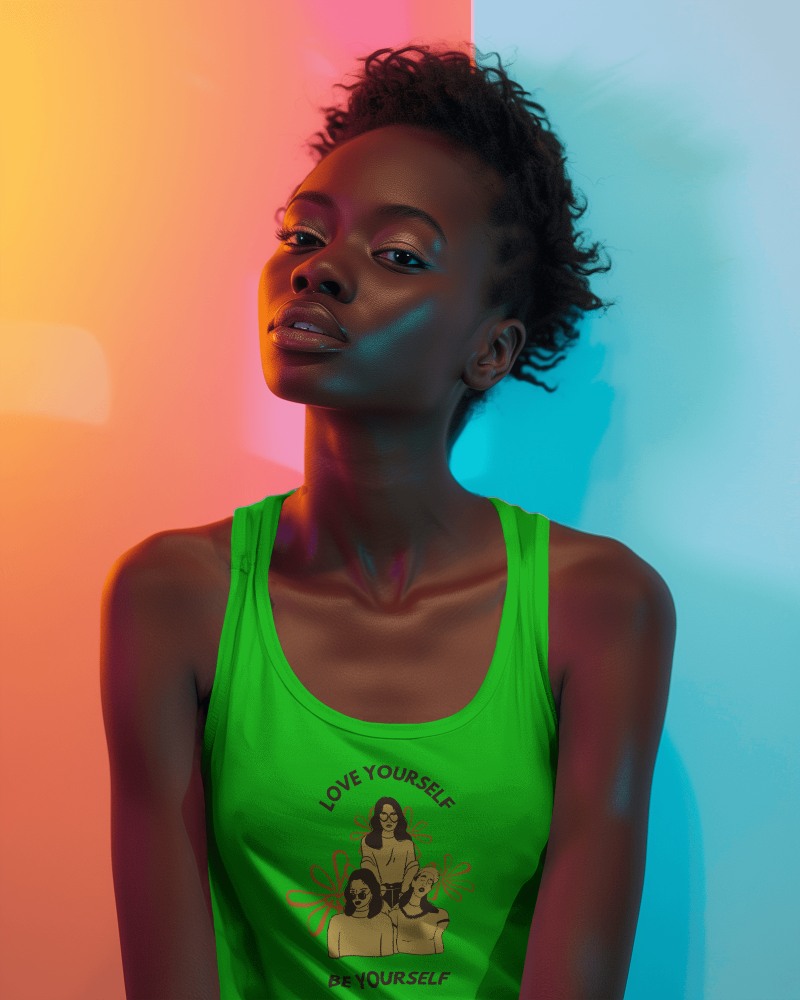 Black Female Model Wearing Tanktop Mockup In Front Of Orange And Blue Screen