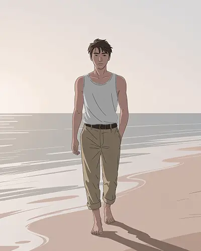 Beach Walking Male Anime Model Tank Top Summer Casual Stylish Outdoor Wear Mockup Display