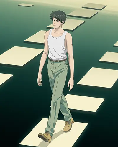 Realistic Anime Male Tank Top Mockup Walking On Floating Platforms For Fashion Design