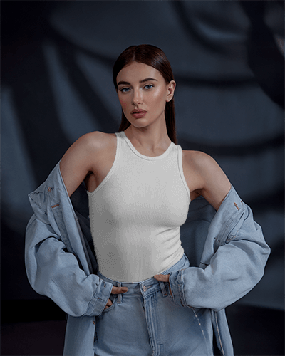 Urban Style Tanktop Mockup Featuring French Fries Graphic And Light Wash Jeans